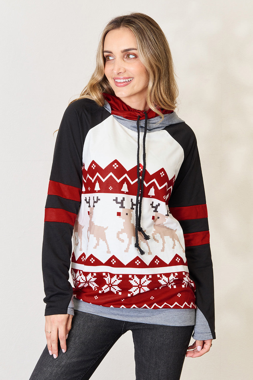 Double Take Full Size Christmas Drawstring Long Sleeve Hoodie Double Take Full Size Christmas Drawstring Long Sleeve Hoodie
